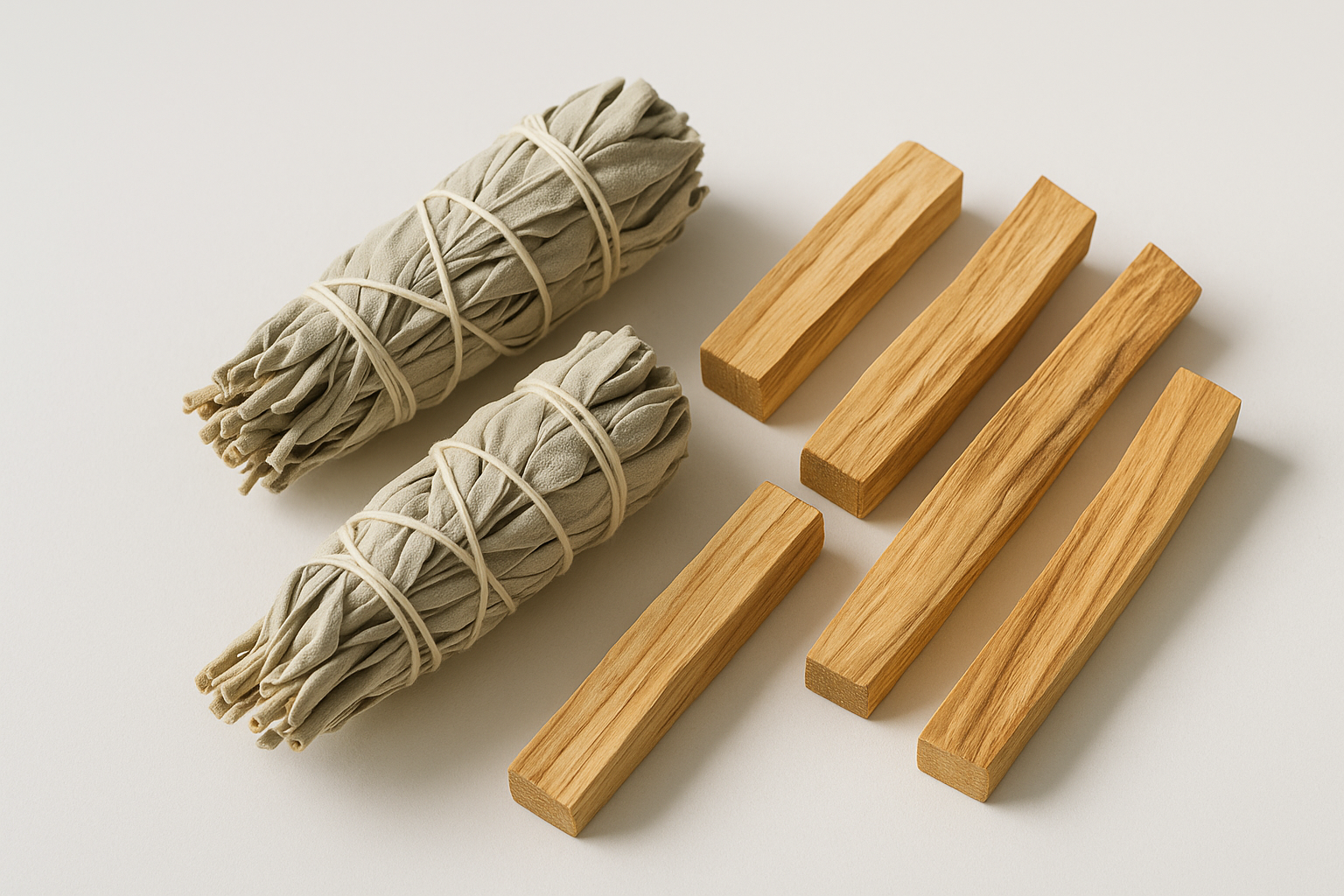 2 fagot de sauge blanche avec 5 baton de palo santo comme une photo produit dans une atmosphere zen